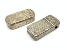 Victorian silver snuff box and cheroot cutter with double hinged cover and engraved decoration