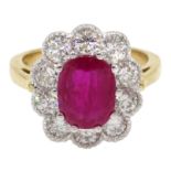 18ct gold oval ruby and round brilliant cut diamond cluster ring, ruby 2.