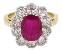 18ct gold oval ruby and round brilliant cut diamond cluster ring, ruby 2.