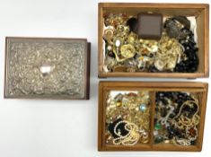 Large collection of vintage costume jewellery and silver mounted wooden jewellery box by Carr's of