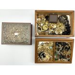 Large collection of vintage costume jewellery and silver mounted wooden jewellery box by Carr's of