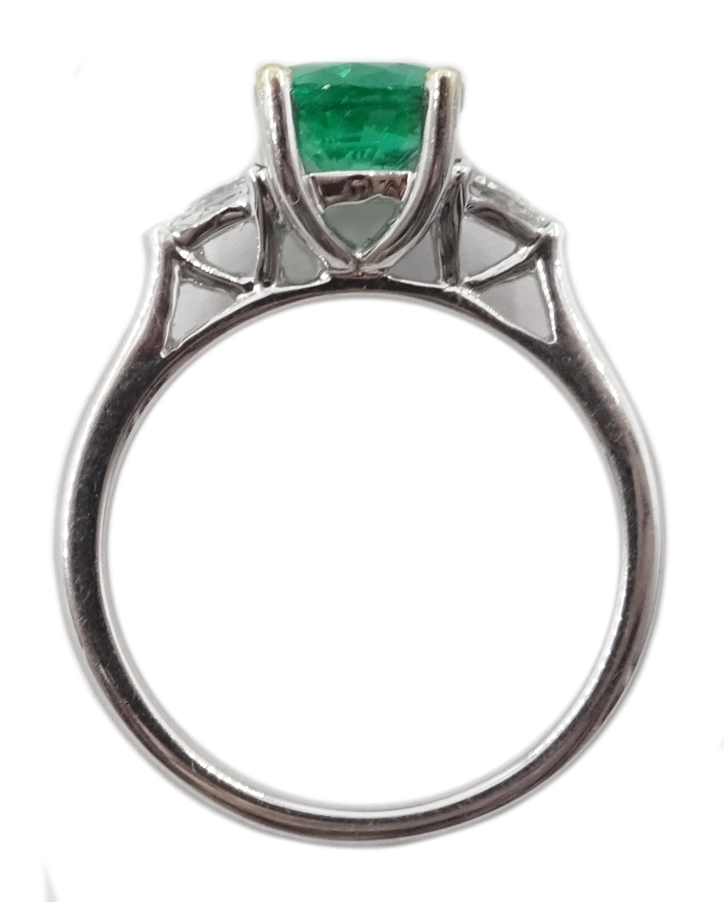 18ct white gold round emerald and pear shaped diamond three stone ring hallmarked, emerald approx 1. - Image 3 of 3