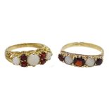 Two 9ct gold opal and garnet rings,