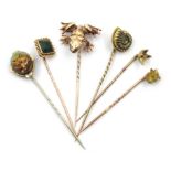 Six stick pins, reverse painted fox, ammonite, bloodstone, frog set with diamond eyes,