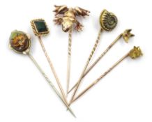 Six stick pins, reverse painted fox, ammonite, bloodstone, frog set with diamond eyes,