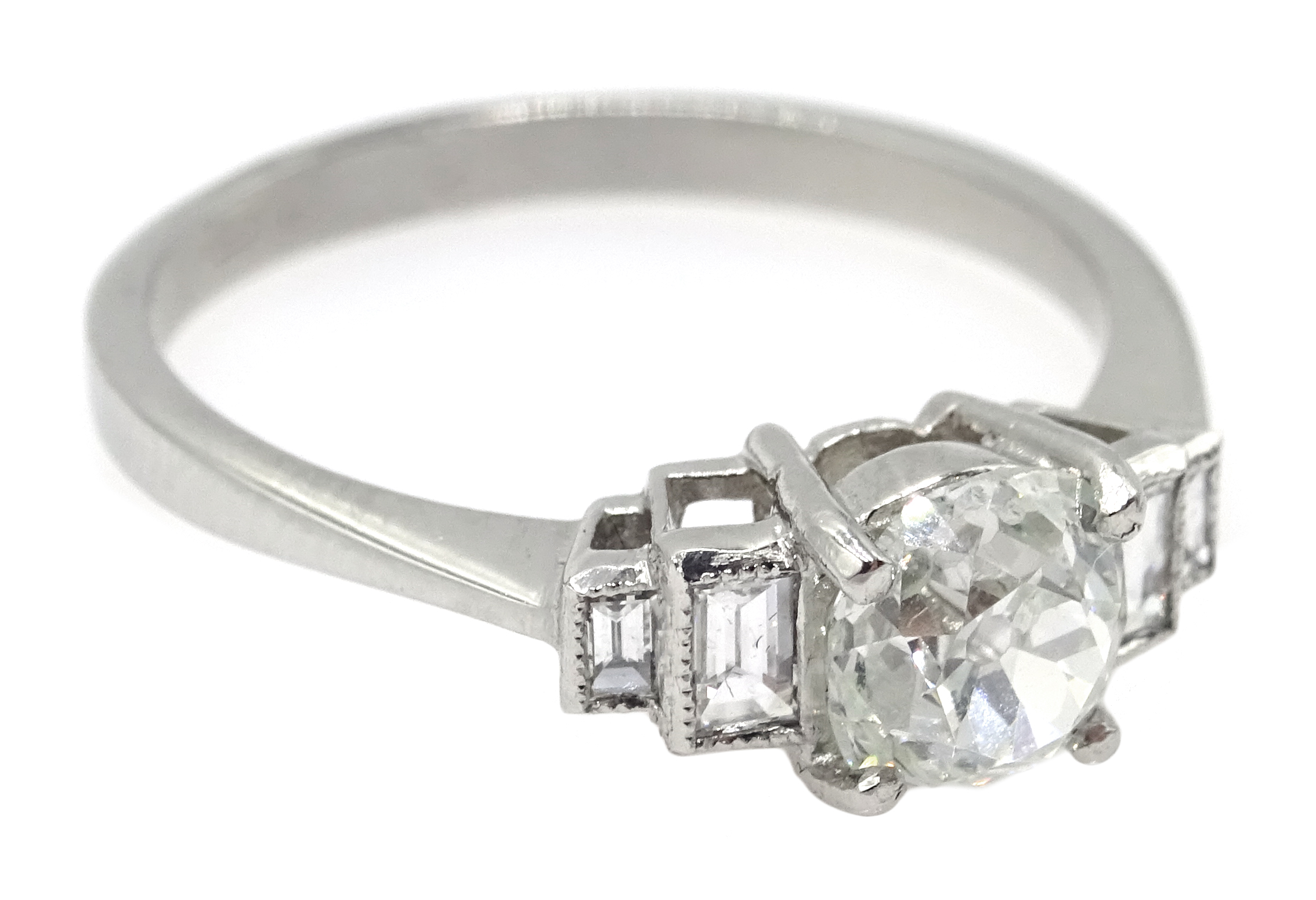 Platinum round and baguette cut diamond ring, stamped Plat, central diamond approx 0. - Image 2 of 3