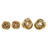 Two pairs 9ct gold knot stud earrings hallmarked, approx 10.