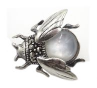 Silver mother of pearl and marcasite bug brooch,