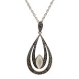 Silver mother of pearl and marcasite pendant necklace,