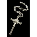 Heavy silver (tested) crucifix pendant on trombone link chain link necklace hallmarked, approx 5.