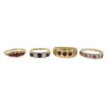 Two gold garnet rings, diamond and ruby ring and stone set ring,