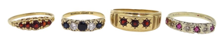 Two gold garnet rings, diamond and ruby ring and stone set ring,