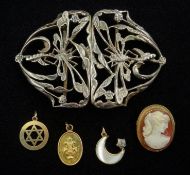 9ct gold mounted cameo brooch hallmarked, gold star of David pendant stamped 9ct,