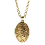 Gold engraved locket pendant on gold belcher chain chain,