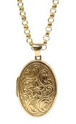 Gold engraved locket pendant on gold belcher chain chain,