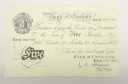 Bank of England O'Brien white five pound note, '23 November 1955',