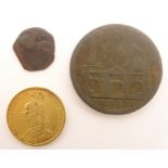 Queen Victoria 1891 gold full sovereign together with a small unidentified coin and a 1812 'Hull