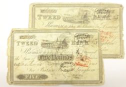 Two Tweed Bank five pound banknotes,