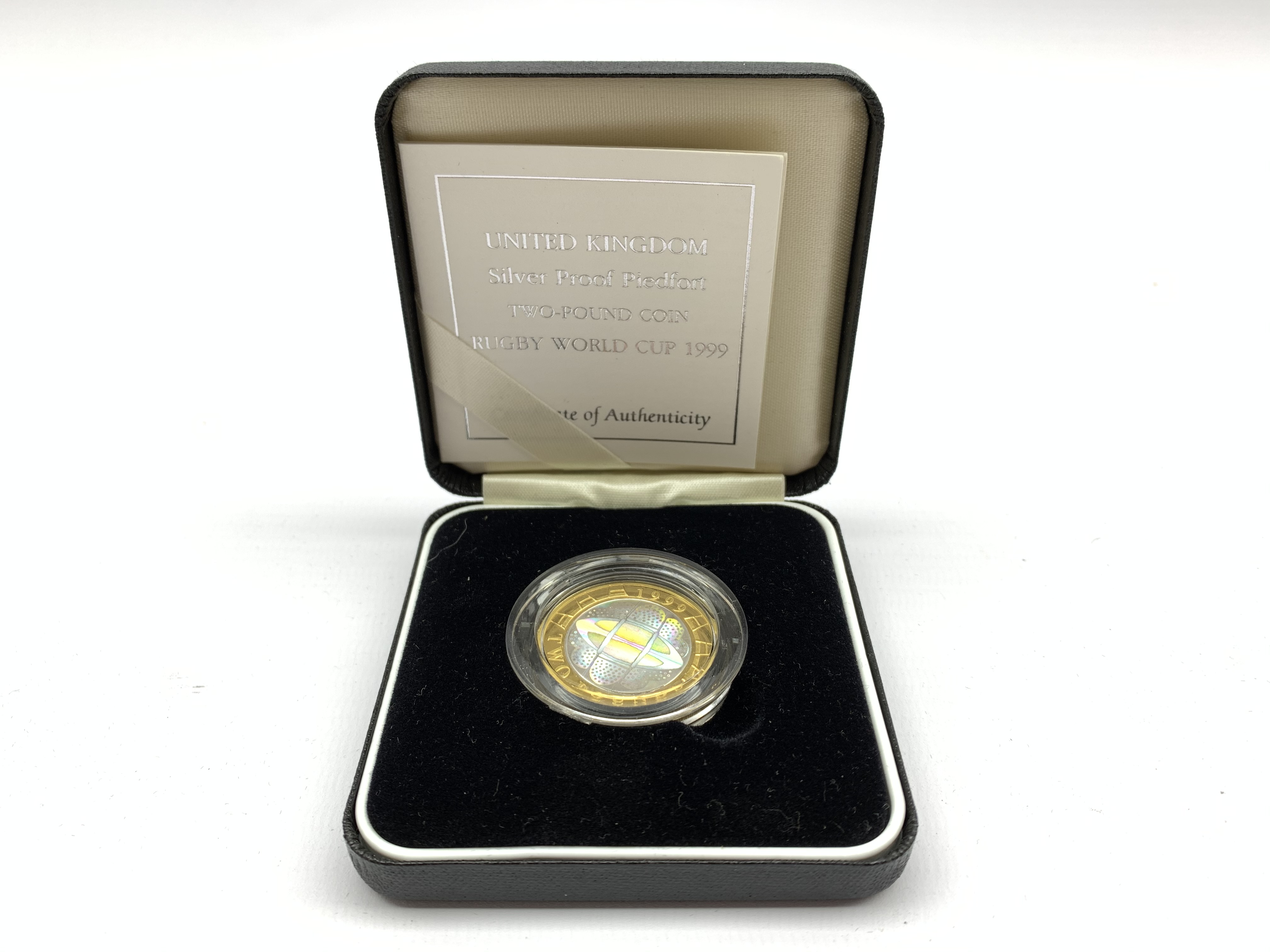 United Kingdom 1999 holographic silver proof piedfort 'Rugby World Cup' two pound coin,