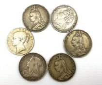 George IV crown 1821 (previously mounted) and five Queen Victoria crowns, 1845, two 1889,