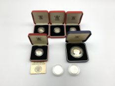 Four United Kingdom silver proof one pound coins, only one with certificate,