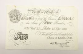 Bank of England Peppiatt white five pound note, '23 Sept 1935',