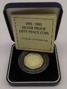 United Kingdom 1992 - 1993 silver proof piedfort dual dated fifty pence coin,