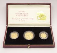 United Kingdom 1987 gold proof coin collection, two pounds, sovereign and half sovereign,