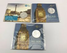 Two United Kingdom 2015 'Big Ben' one hundred pounds fine silver coins and a 2016 'Trafalgar