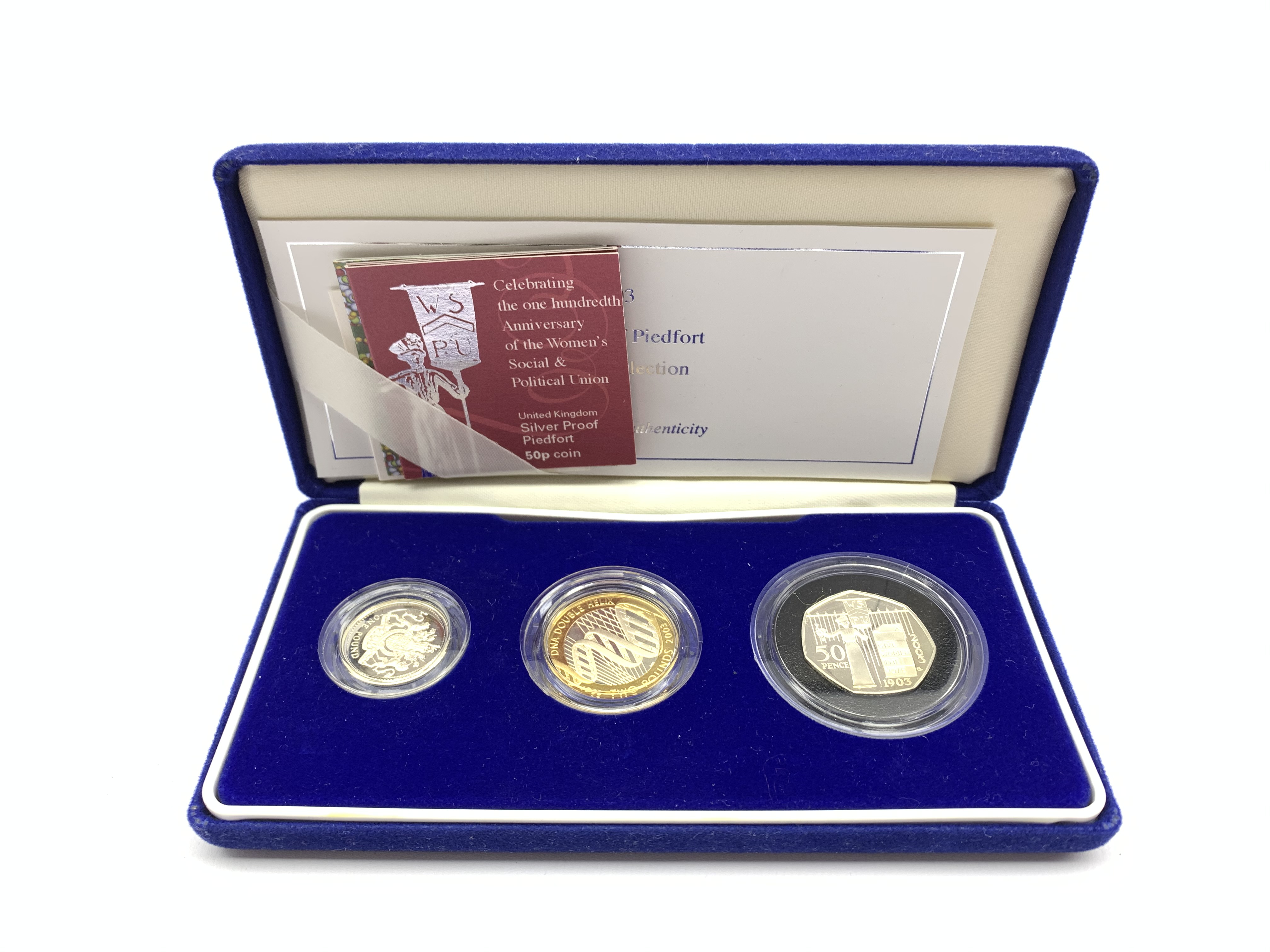 United Kingdom 2003 silver proof piedfort three coin collection,