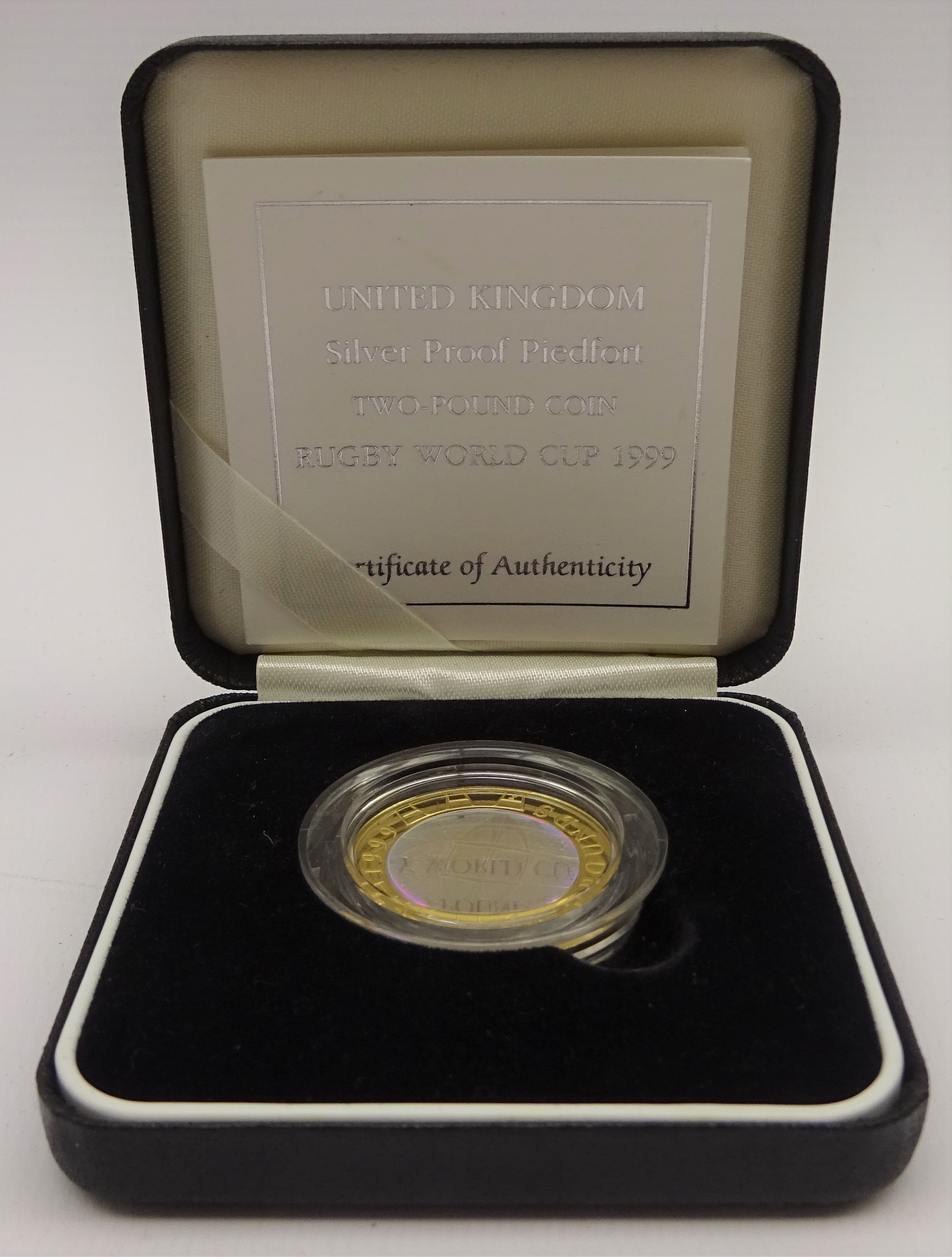 United Kingdom 1999 holographic silver proof piedfort 'Rugby World Cup' two pound coin,