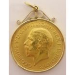 King George V 1929 gold full sovereign, Pretoria mint, in 9ct gold mount,