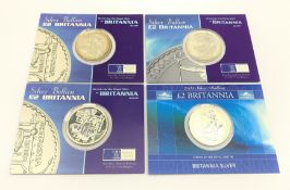 Four one ounce fine silver Britannia two pound coins, dated 2000, two 2001 and 2004,