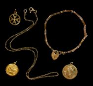 Two gold St Christopher pendant's, gold necklace, bracelet and gross,