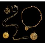 Two gold St Christopher pendant's, gold necklace, bracelet and gross,