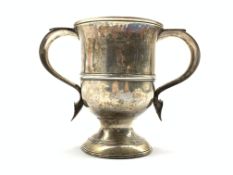 Early George III silver two handled baluster mug with loop handles and pedestal foot H13cm London
