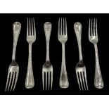 Five silver dessert forks Old English thread pattern by Charles & Richard Comyns,