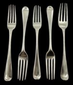 Five George III silver forks Old English pattern and Griffin Crest, hallmarked 1804 & 1813,