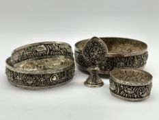 19th Century Tibetan silver 5 piece mandala set embossed with elephants etc
