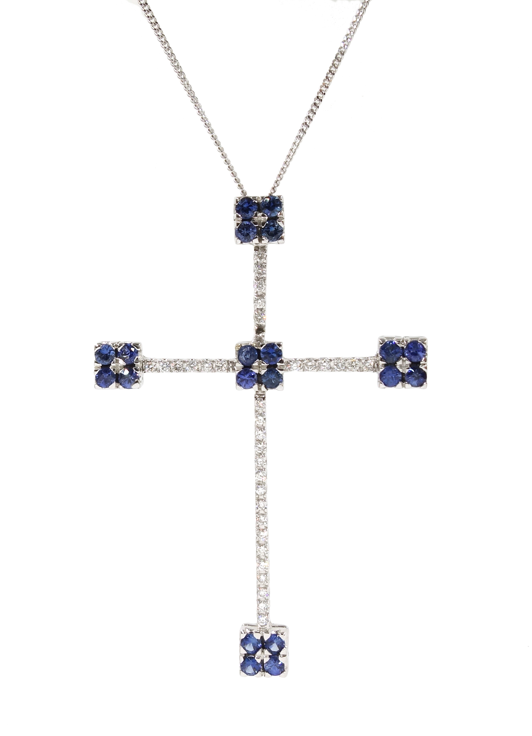 18ct white gold sapphire and diamond cross pendant necklace,