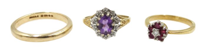 Gold ruby and diamond cluster ring stamped 18ct, amethyst and diamond cluster ring and gold band,