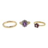 Gold ruby and diamond cluster ring stamped 18ct, amethyst and diamond cluster ring and gold band,