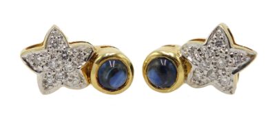 Pair of 18ct gold diamond star and cabochon sapphire earrings,