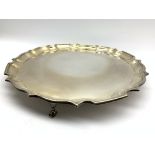 Silver circular salver with pie crust border on stepped feet D36cm Sheffield 1941 Maker Deakin