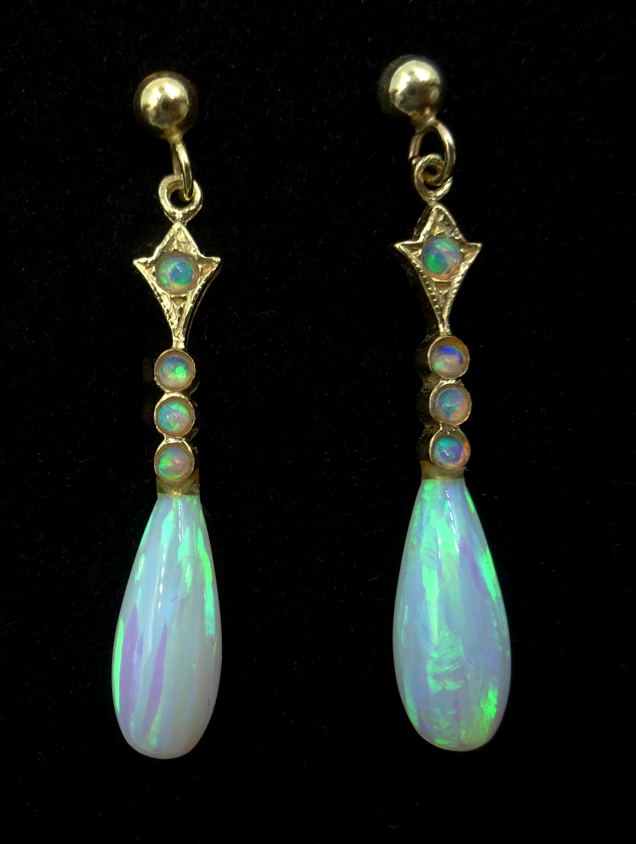 Pair of 9ct gold opal pendant earrings,