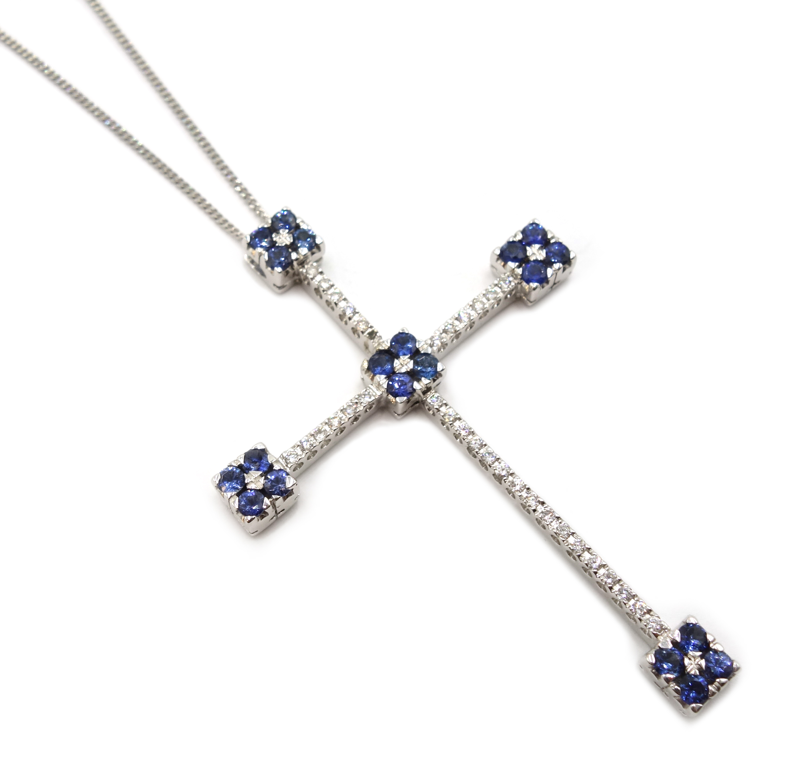 18ct white gold sapphire and diamond cross pendant necklace, - Image 3 of 3