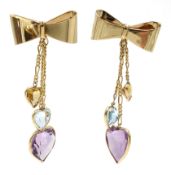 Pair of gold citrine, amethyst and blue topaz pendant earrings with bow tops,