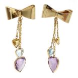 Pair of gold citrine, amethyst and blue topaz pendant earrings with bow tops,