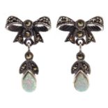 Pair of silver opal and marcasite pendant bow earrings,