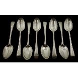 Eight Victorian silver dessert spoons, Old English thread pattern and Griffin Crest by Chawner & Co,